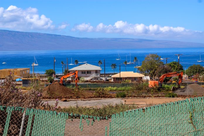 A view of Lahaina from the burn zone about one year after the fires.