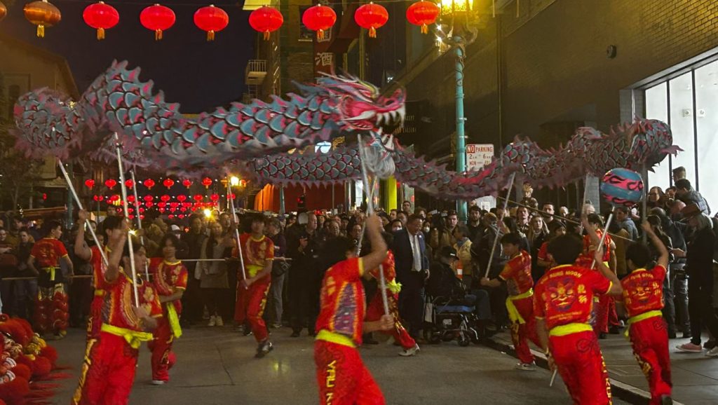 A Chinese dragon snakes its way around Grant Avenue in San Francisco's Chinatown 