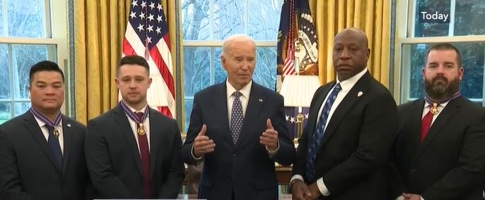 Lincoln, Nebraska Police Officer Tu Anh Tran (screen left) is one of eight public safety officers to receive the Medal of Valor from President Biden.