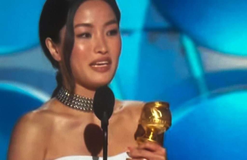 Anna Sawai accepts the Golden Globe for Best Actress in a TV Drama for Shogun 