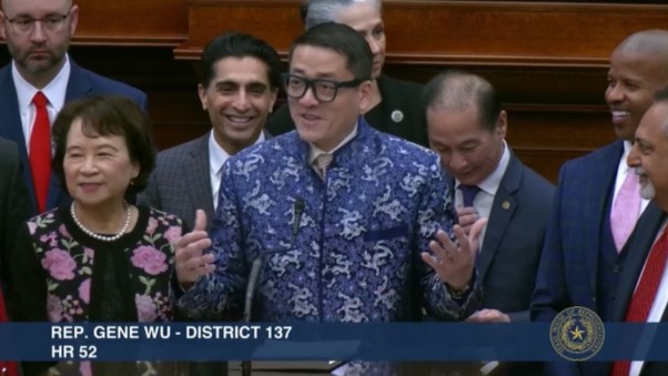 Texas Rep Gene Wu is seen on the House floor wearing a traditional Chinese shirt