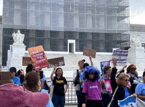 Asian Americans are among a diverse group of protesters supporting birthright citizenship in front of the U.S. Supreme Court