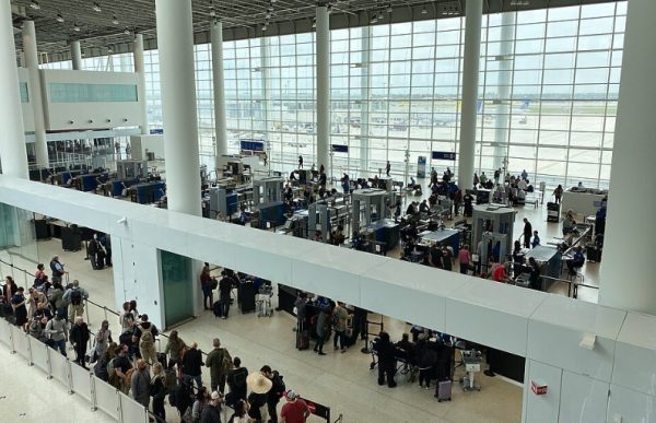 A photo shot from above of the TSA Security Checkpoint at New Orleans Airport