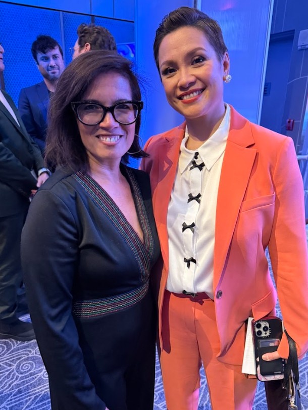 Drama League FutureNow directing fellow Fran De Leon (left) with Lea Salonga, who received the Drama League's award for distinguished achievement in musical theater, at the 91st Annual Drama League Awards on May 16, 2025. Photo courtesy of Fran de Leon.
