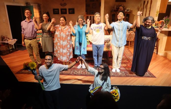 Cast and (in foreground) playwright Nicholas Pilapil and director Fran de Leon during the world premiere of God Will Do the Rest at LA Theatre Center, presented by Artists at Play and Latino Theater Co (2024). Photo courtesy Fran de Leon.